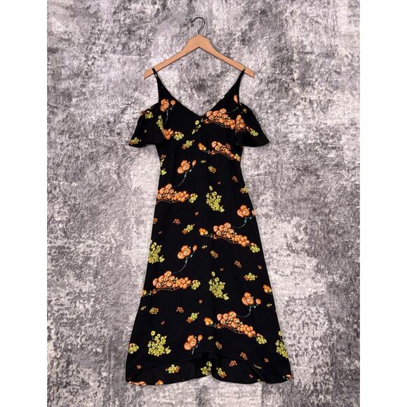 A.L.C. Dress 2 Womens Black & Yellow Silk Floral Cold Shoulder Midi - Picture 1 of 8